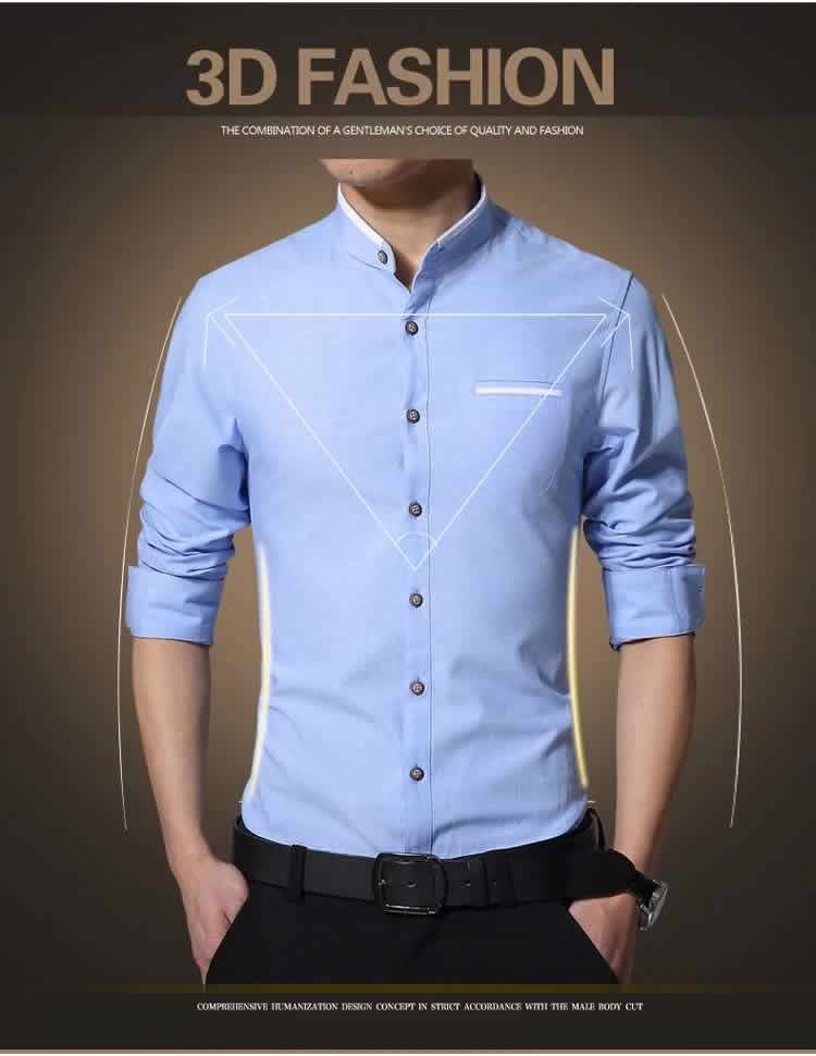 Camisa Gola Mandarim Padre Manga Longa Slim Fit Azul Claro Detalhes C002