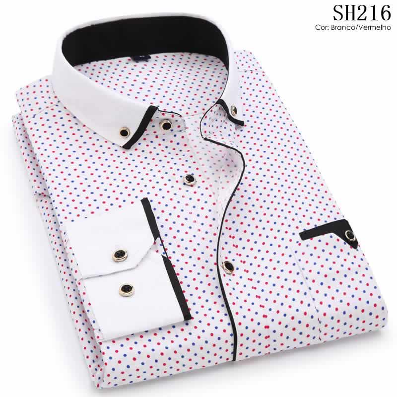 Camisa Slim Fit Luxury Social Casual Branco/Vermelho C004
