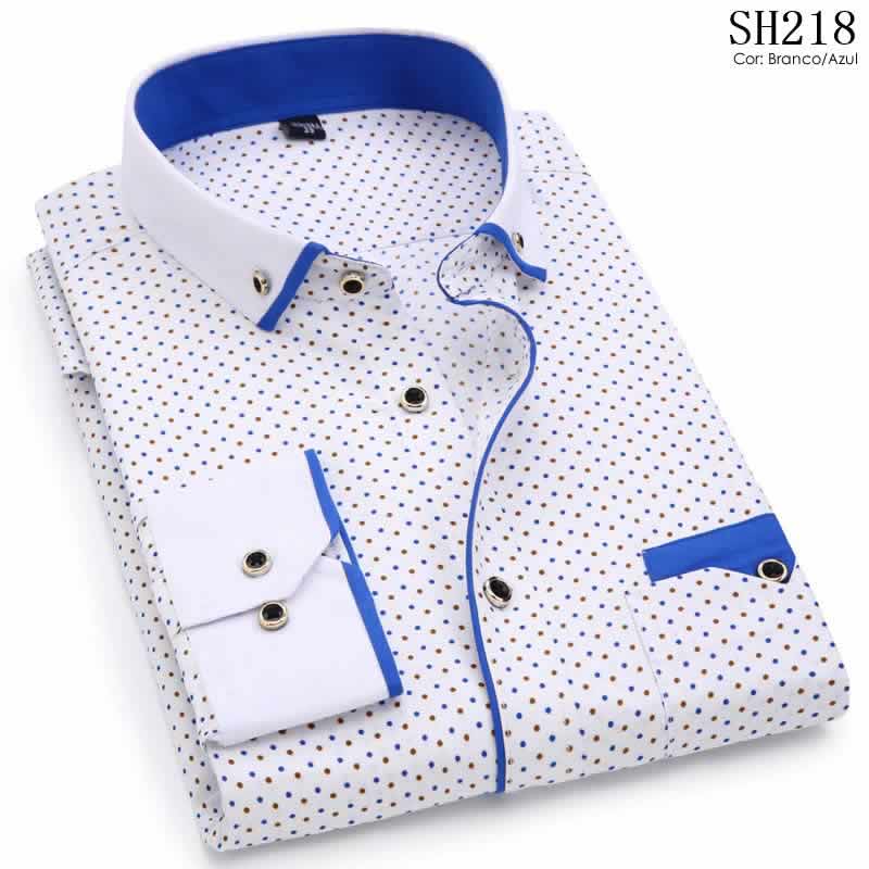 Camisa Slim Fit Luxury Social Casual Branco/AzulC004