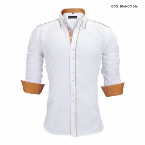 Camisa Slim Fit Estilo Britânico Branca Marrom C005