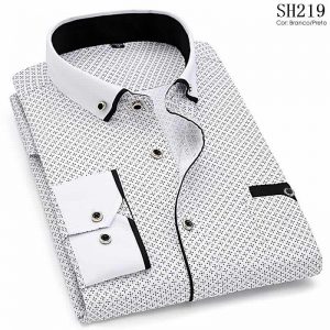 Camisa Slim Fit Luxury Social Casual Branco/Preto C004