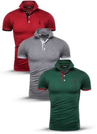 Kit Camisas Polo Masculinas Vermelha, Cinza e Verde