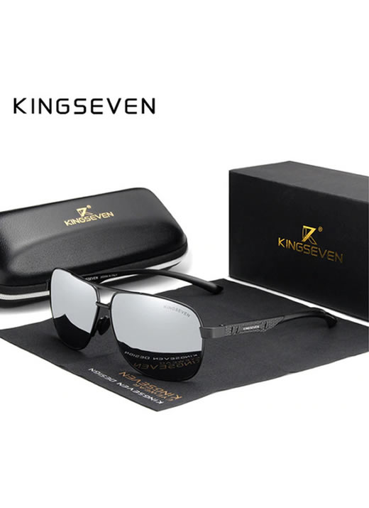 Óculos KingSeven Polarizado HD Preto Prata Original Aviador Mirror